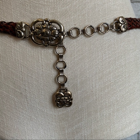 BRAIDED Brown Leather and Silver Chain Belt - Picture 2 of 10